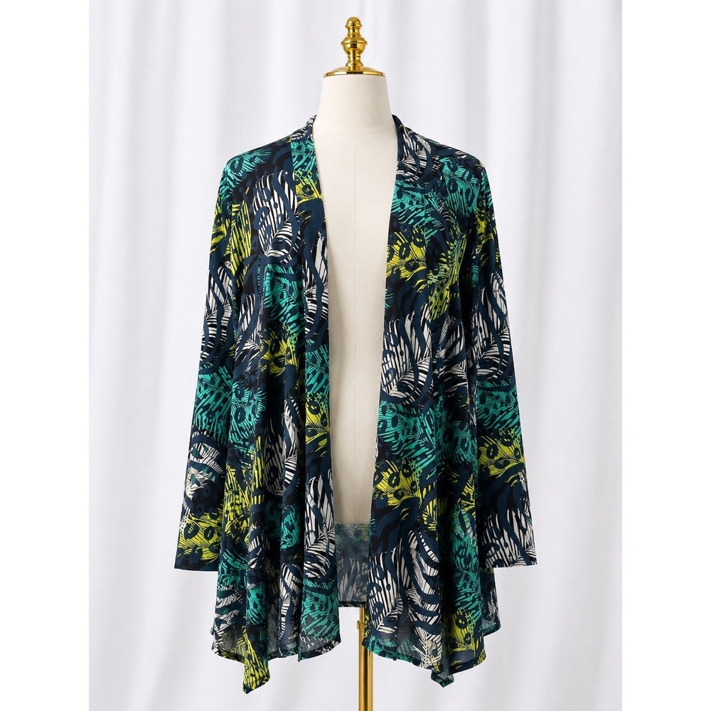 New Attitudes by Renee Mixed Media Swing Jacket Open Front Cardigan Tropical 3X
